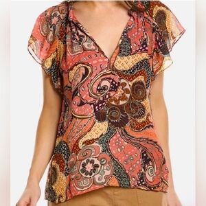A.L.C. June Silk Blouse Colorful Paisley Flutter Sleeve V-Neck Top Size 0 Small